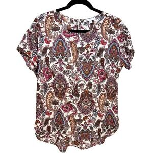 DR2‎ Women's Paisley Print Short Sleeve Blouse Top Size Small Feminine Colorful